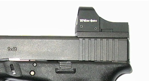 Example of the mount with a red dot installed on a Glock pistol